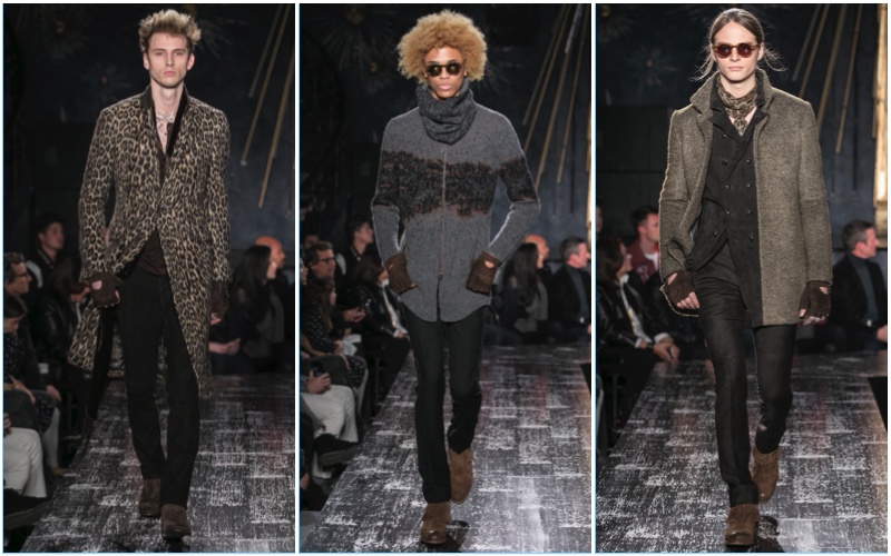 Machine Gun Kelly, Michael Lockley, and Nicola Wincenc walk for John Varvatos' fall-winter 2017 show.