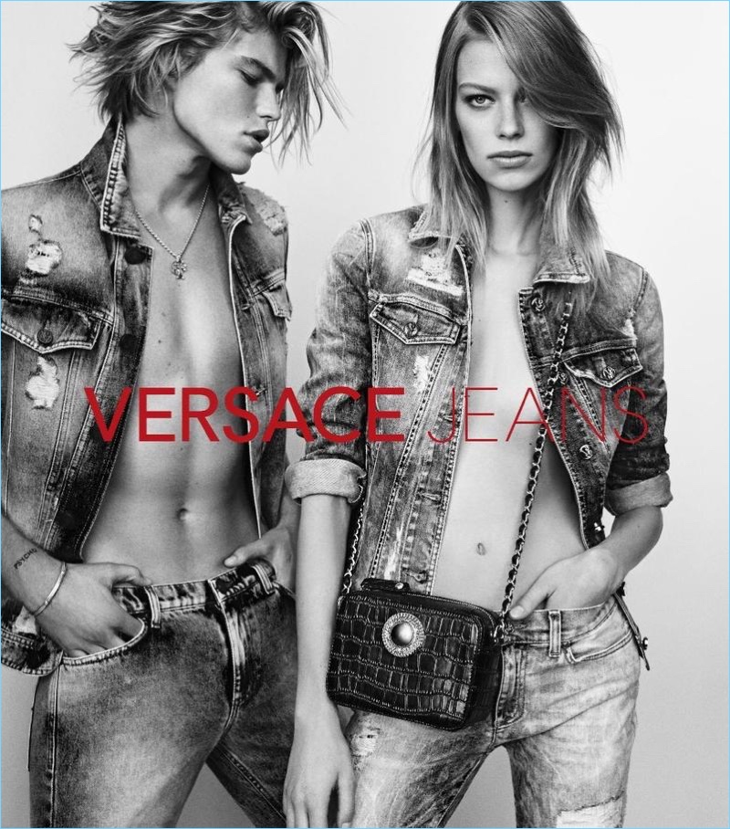 Models Jordan Barrett and Lexi Boling front Versace Jeans' spring-summer 2017 campaign.