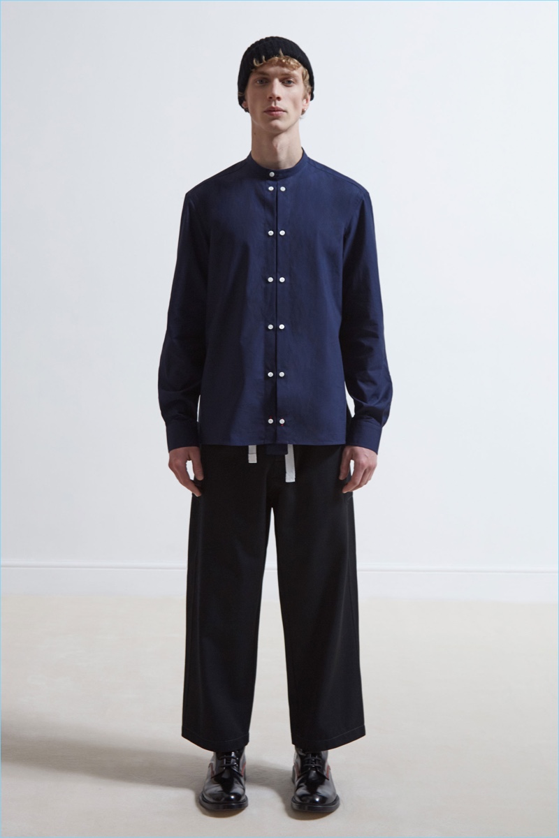 Wide-cut trousers pair well with a granddad collar shirt from Joseph.