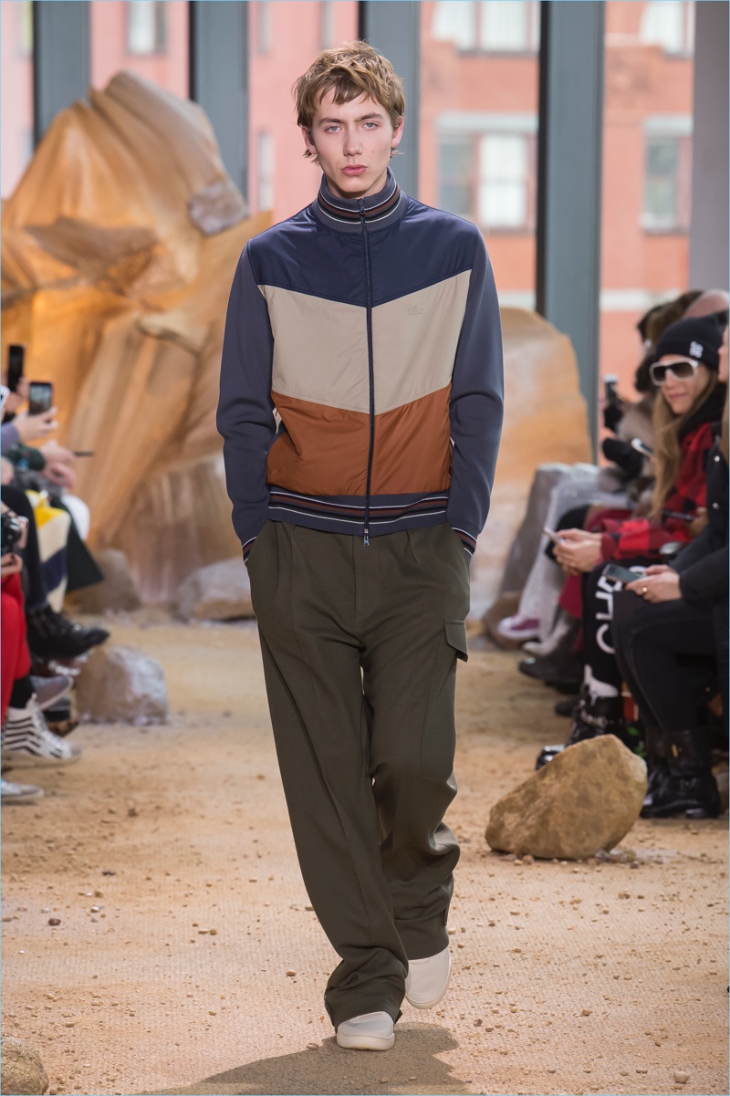 Color blocking comes together with a casual attitude for Lacoste's fall-winter 2017 men's collection.