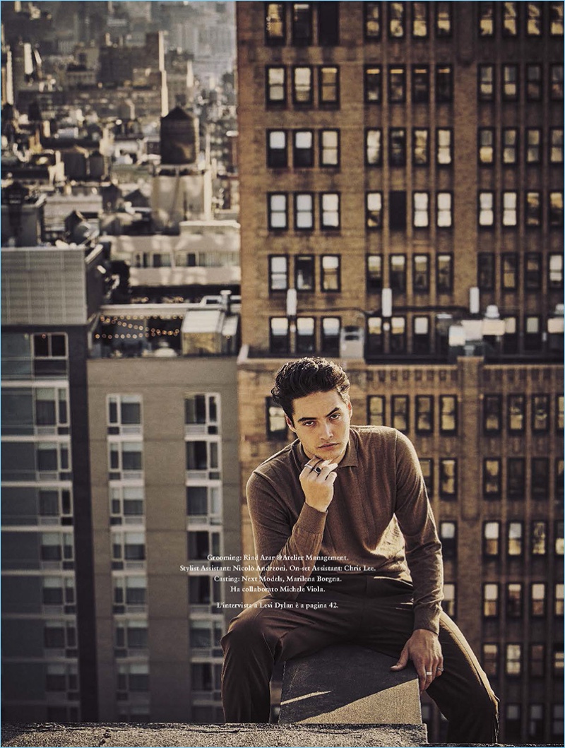 Taking to a rooftop, Levi Dylan appears in an editorial shoot for GQ Italia.