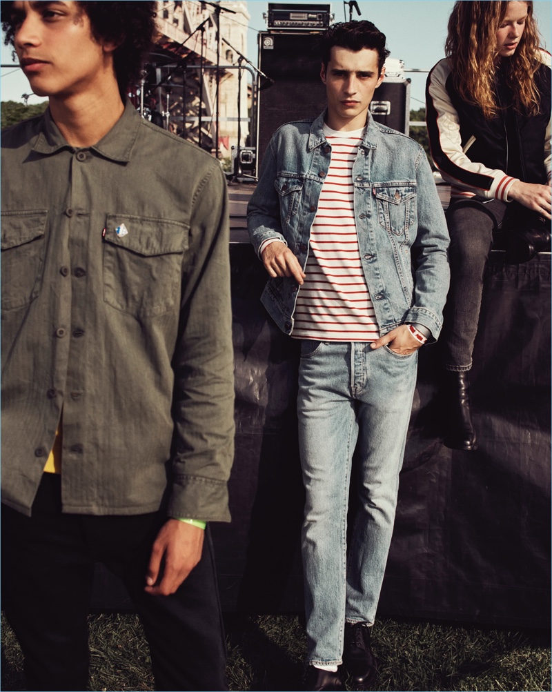 Levi's features its new 501 skinny jeans with a denim jacket and striped tee.