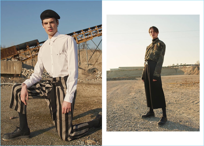 Left: Making a chic military statement, Andrea Silenzi wears a Dolce & Gabbana flat cap with a Dsquared2 shirt, Ann Demeulemeester striped linen trousers, and Diesel leather shoes. Right: Andrea sports a Faith Connexion camouflage print military jacket with J.W. Anderson trousers. Andrea also wears an Alyx webbing belt and Officine Creative dress shoes.