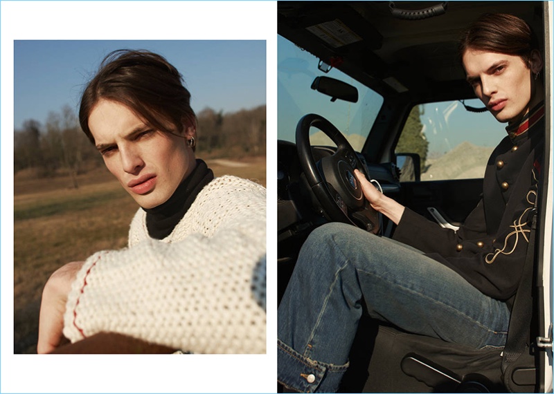 Left: Going for the oversized look, Andrea Silenzi wears a Valentino linen and silk sweater with a turtleneck. Right: Andrea wears a Ports 1961 military jacket with Maison Margiela denim jeans.