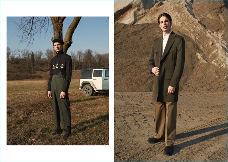 Left: Andrea Silenzi stands tall in Marni wool trousers with a McQ Alexander McQueen shirt, an Emporio Armani felt flat cap, and Moma leather oxford shoes. Right: At attention, Andrea wears a Maison Margiela military coat and cropped trousers. Andrea also dons a Neil Barrett shirt and Diesel ankle boots.