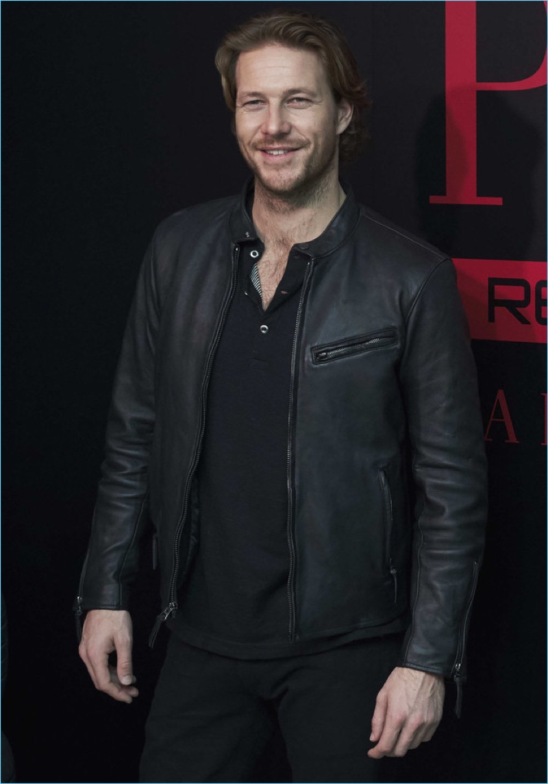 February 2017: Luke Bracey sports a leather jacket as he promotes Polo Red Extreme in Madrid, Spain.