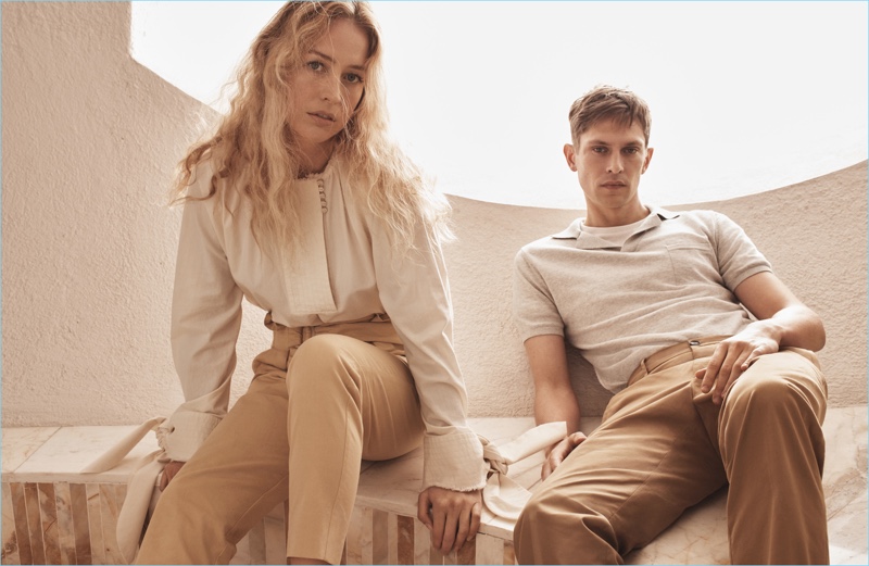 Models Raquel Zimmermann and Mathias Lauridsen model neutral fashions from Mango's Committed Collection.