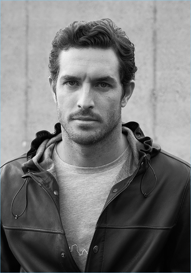 Justice Joslin wears a hooded leather jacket from Massimo Dutti's limited edition Soft Collection.