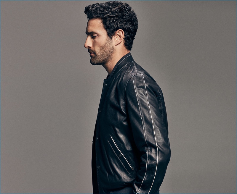 Noah Mills sports a leather jacket from Massimo Dutti's spring-summer 2017 Limited Edition collection.