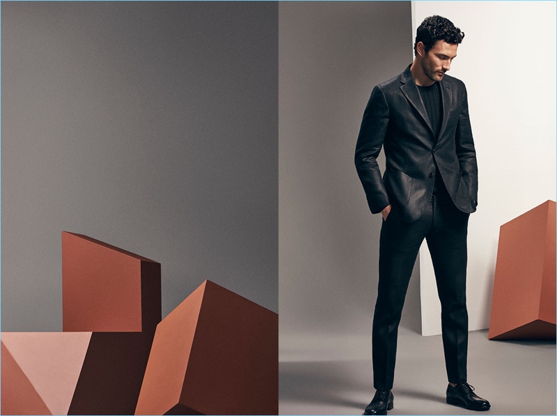 Reuniting with Massimo Dutti, Noah Mills wears sleek tailoring from the brand's Limited Edition collection.
