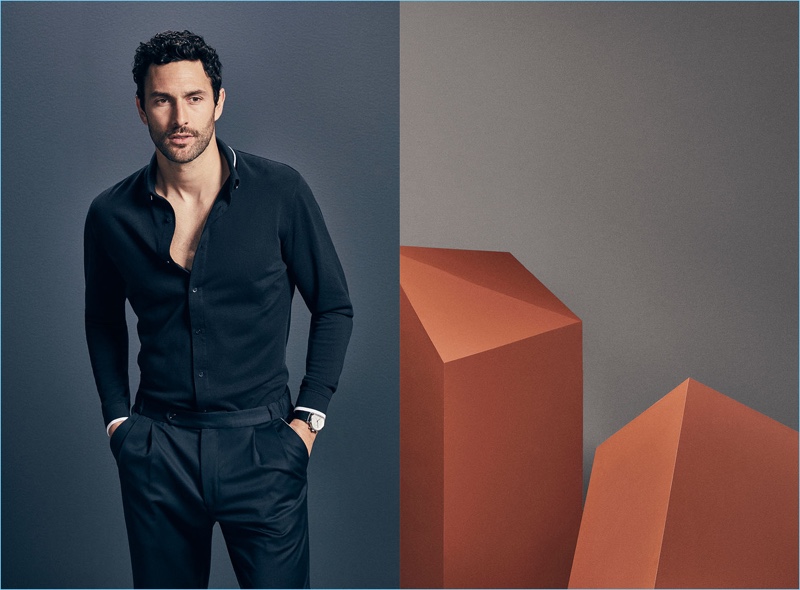 Front and center, Noah Mills dons fashions from Massimo Dutti's Limited Edition collection lineup.