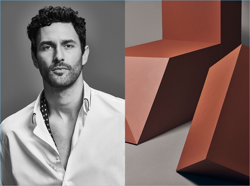 Taking on a classic, Noah Mills wears a sharp white dress shirt with black piping from Massimo Dutti.