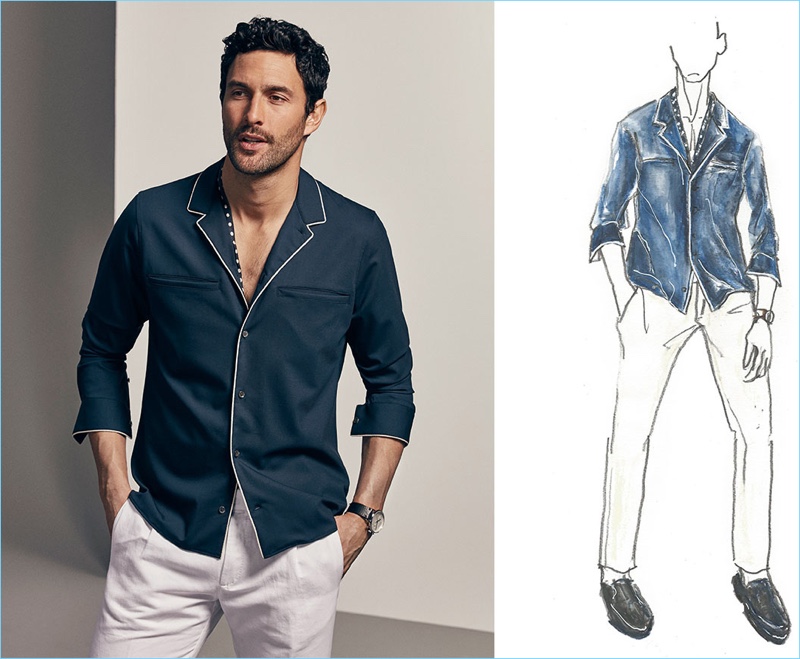 Embracing a retro flair, Noah Mills dons a piped shirt from Massimo Dutti.