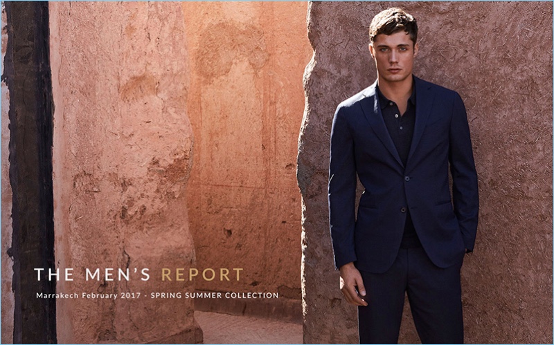 Steven Chevrin dons a polo and blue suit for Massimo Dutti's spring-summer 2017 campaign.