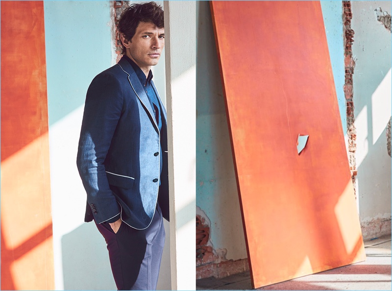 Andres Velencoso sports a linen blazer with piping from Massimo Dutti.