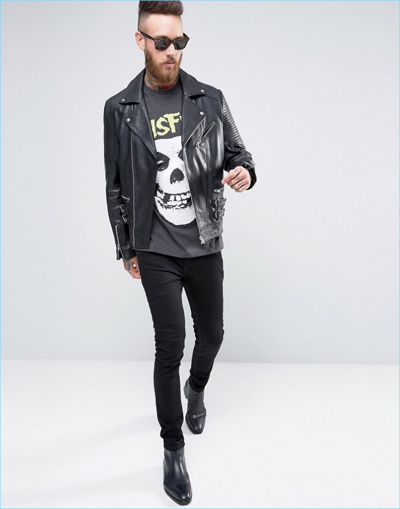 ASOS styles its Misfits vintage style band t-shirt with a leather biker jacket, skinny jeans, and ankle boots.