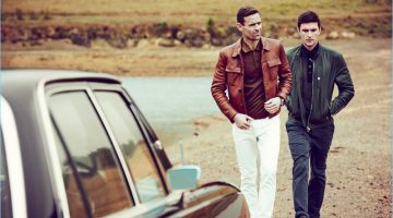 Mr Porter Travels to Cape Town for Spring '17 Campaign Left: Cornelius wears a brown Prada leather jacket and virgin wool polo shirt. Dan May also styles Cornelius in Dolce & Gabbana white denim jeans with Saint Laurent sneakers. Right: Charlie Timms sports a Brunello Cucinelli leather bomber jacket and cotton twill trousers. The English model also dons a Tom Ford polo shirt and Burberry sneakers.