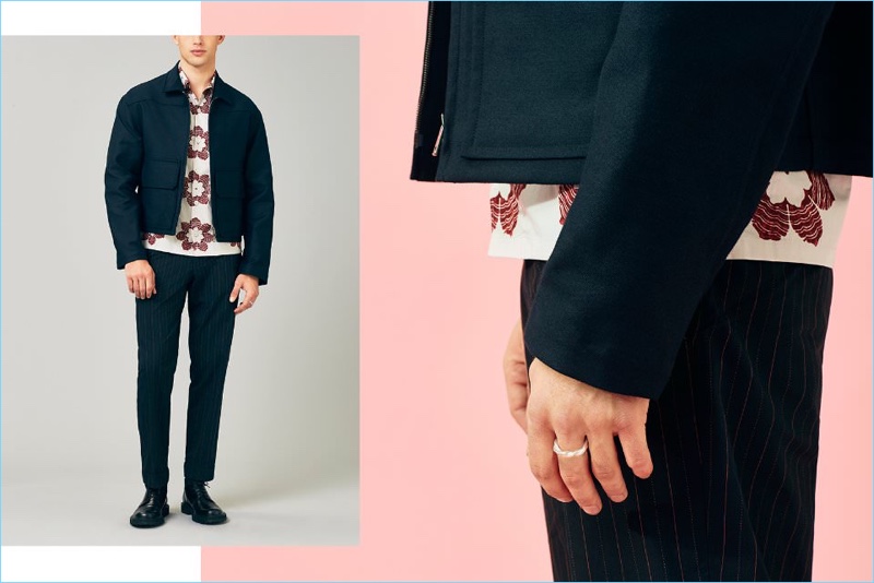 Finding a balance between relaxed and tailored, Jamie Wise wears a Jil Sander jacket with a printed cotton camp-collar shirt by Prada. Jamie also sports Dries Van Noten pinstriped trousers and leather derby shoes with a Maison Margiela twisted sterling silver ring.