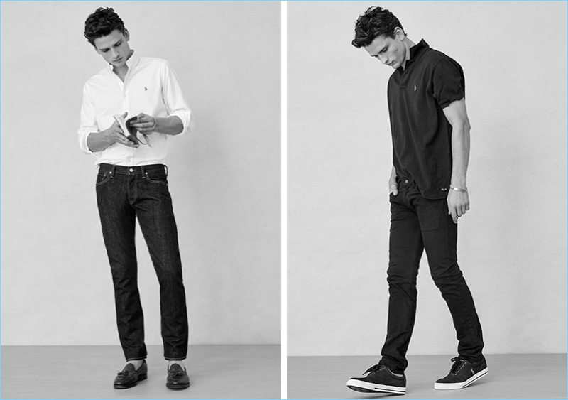 Left: Model Simon Nessman dons POLO Ralph Lauren's Sullivan slim denim jeans with a white oxford shirt. Right: Simon rocks POLO's Eldridge super slim denim jeans, which feature a smart stretch.