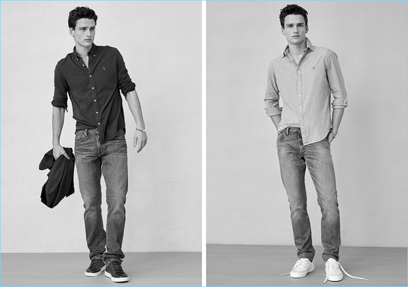 Left: Simon Nessman wears POLO Ralph Lauren's Hampton straight denim jeans, which feature a relaxed fit. Right: Simon sports POLO Ralph Lauren's Varick slim straight denim jeans, which feature a slight taper.