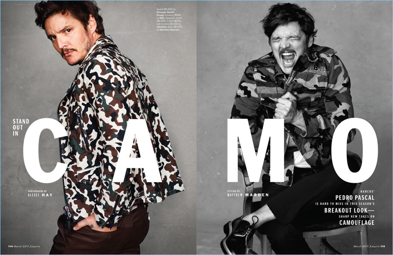 Matthew Marden outfits Pedro Pascal in camouflage jackets by Giuseppe Zanotti Design and Valentino.