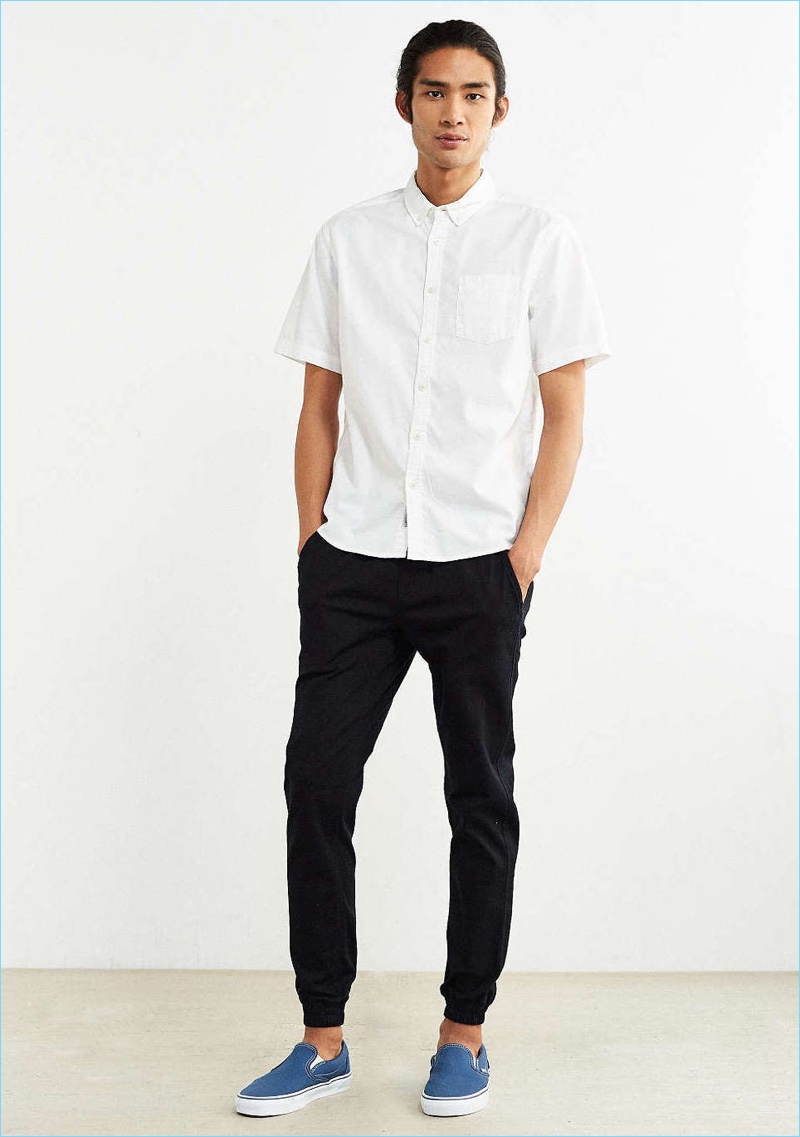 Tap into a contemporary spin on smart style with Publish's black joggers and a short-sleeve button-down shirt.