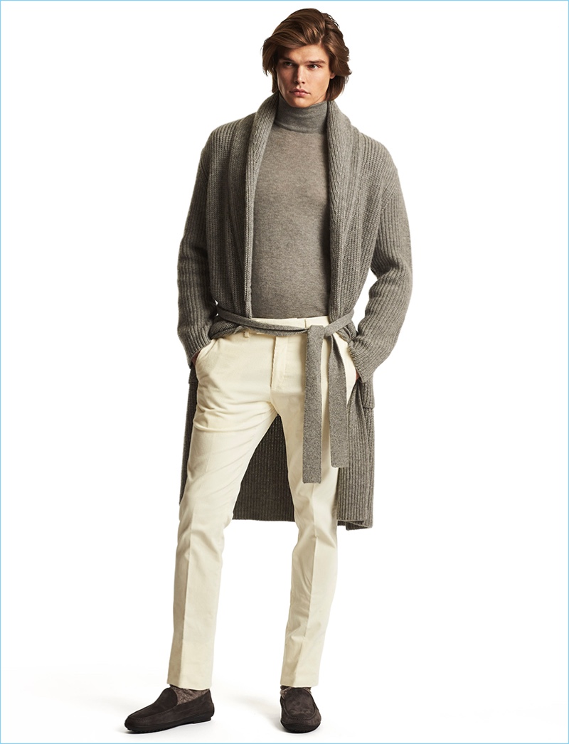 The knit twinset is front and center with a turtleneck and cardigan from Ralph Lauren Purple Label's fall-winter 2017 collection.