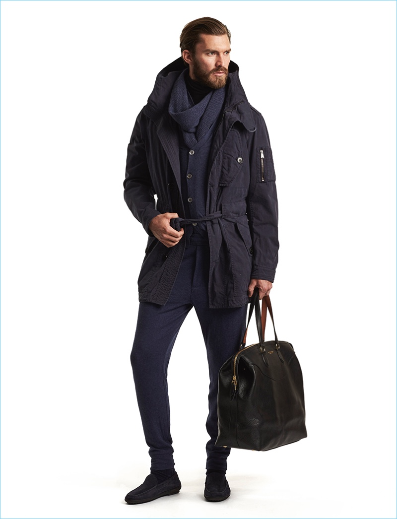 Embrace a rugged charm with Ralph Lauren Purple Label's monochromatic ensemble, which features a winter parka.