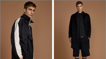 Left: Samuel Roberts goes sporty in a tracksuit by Daniel Patrick with Athletic Propulsion Labs: APL sneakers. Right: Samuel embraces relaxed proportions with a Chapter coat, SSUR shirt, and T by Alexander Wang t-shirt. The model also wears Public School shorts and Dr Martens shoes.
