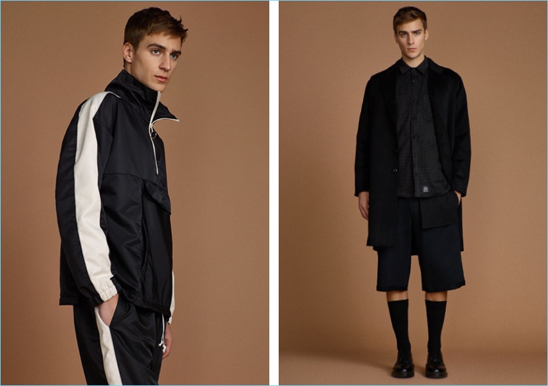 Left: Samuel Roberts goes sporty in a tracksuit by Daniel Patrick with Athletic Propulsion Labs: APL sneakers. Right: Samuel embraces relaxed proportions with a Chapter coat, SSUR shirt, and T by Alexander Wang t-shirt. The model also wears Public School shorts and Dr Martens shoes.