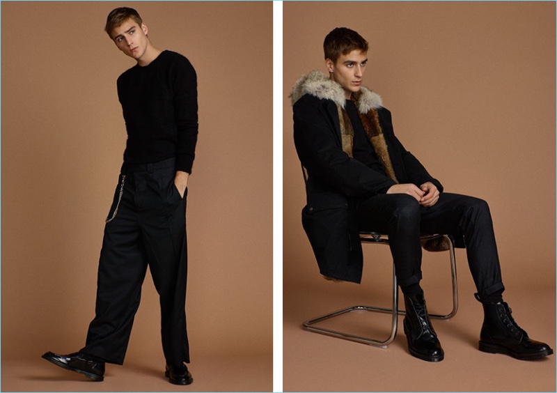Left: Samuel Roberts embraces the oversized look in Chapter trousers with a Ksubi sweater and Dr Martens loafers. Right: Samuel dons a Yves Salomon parka with a Publish tee, Ksubi pants, and Dr Martens boots.