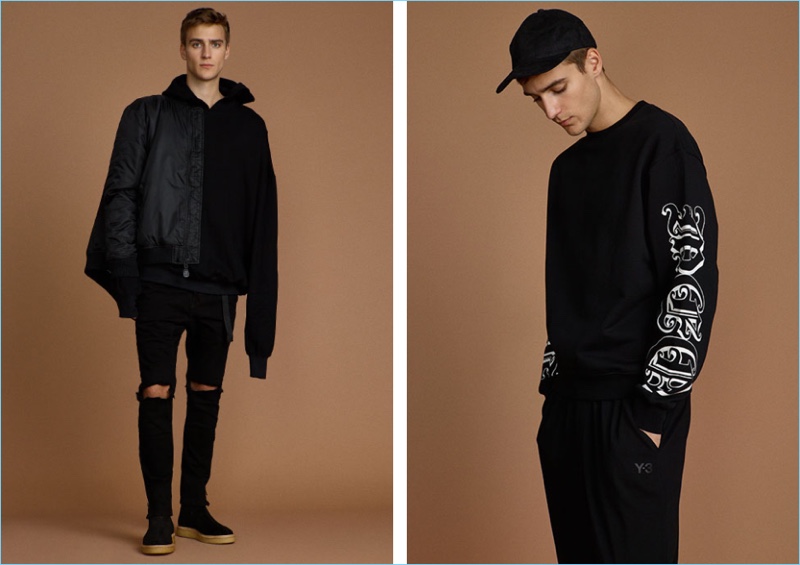 Left: Samuel Roberts taps into a streetwear vibe, sporting an oversized hoodie by N.D.G. Studio. The model also wears a Stüssy bomber jacket, ripped skinny jeans by Daniel Patrick, and Represent wedge boots. Right: Samuel rocks an oversized sweatshirt by McQ Alexander McQueen with Y-3 pants, Alexander McQueen Puma sneakers, and a Publish cap.