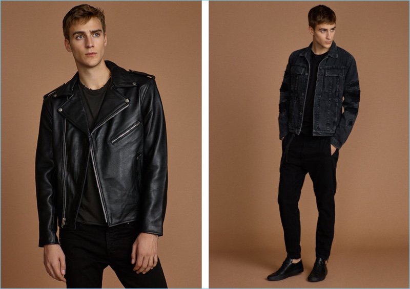 Left: A cool vision, Samuel Roberts wears an Understated Leather biker jacket, R13 destroyed tee, and Agolde black denim skinny jeans. Right: Samuel sports a Helmut Lang destroyed denim jacket and chinos with a John Elliott tee and Common Projects Original Achilles low sneakers.
