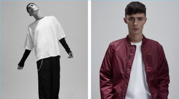 Counter-Culture: Revolve Revisits Rebellious 90s Style Left: Channeling his inner skater, Simon Kotyk wears an oversized t-shirt from Fenty by Puma. Simon also wears a long-sleeve thermal by Cotton Citizen with oversized Chapter trousers and Want Les Essentiels boots. Right: Simon sports a MA-1 bomber jacket and cropped pants by Stüssy with a Fenty by Puma oversized t-shirt.