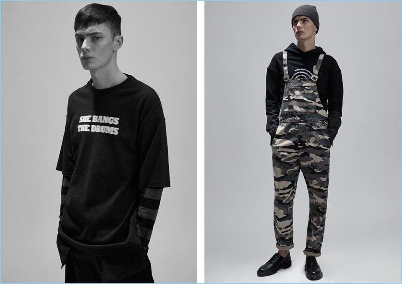 Left: Simon Kotyk plays it low-key in a Midnight Studios layered stripe tee and Public School shorts. Right: Simon sports Rolla's camouflage print overalls over a Midnight Studios Hurricane hooded sweatshirt. Simon completes his look with Dr Martens shoes and an Undefeated knit beanie.
