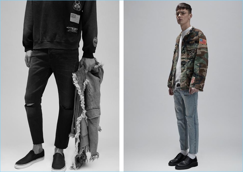 Left: Simon Kotyk wears a Madeworn Guns N Roses sweatshirt with Neuw denim jeans, ripped at the knee. Simon also sports classic slip-on Vans with a C2H4 denim parka. Right: Ready to take a stand, Simon wears a Madeworn Make Love Not War camouflage jacket. Simon completes his look with a Vivienne Westwood t-shirt, Ksubi denim jeans, Dr Martens shoes, and Ahlem glasses.
