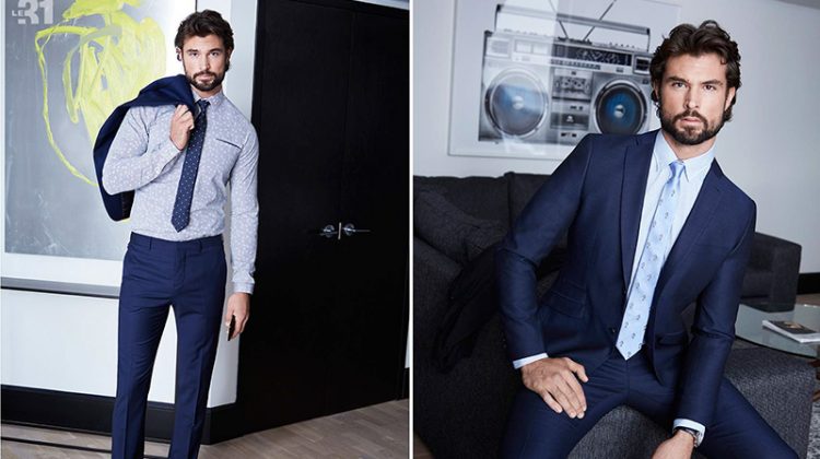 Left: Walter Savage wears a semi-tailored fit dress shirt with a dotted chambray tie, and traveller pants by LE 31. Walter completes his look with Steve Madden dress shoes. Right: Dashing in blue, Walter wears a Bosco suit with a shirt and tie by LE 31.
