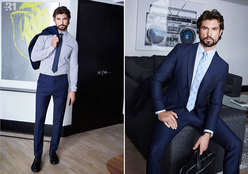 Left: Walter Savage wears a semi-tailored fit dress shirt with a dotted chambray tie, and traveller pants by LE 31. Walter completes his look with Steve Madden dress shoes. Right: Dashing in blue, Walter wears a Bosco suit with a shirt and tie by LE 31.