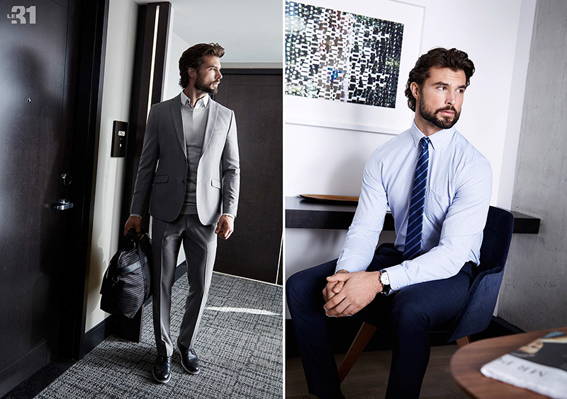 Left: Embracing grey, Walter Savage wears a Bosco suit with a LE 31 semi-tailored fit shirt and sweater. Right: Walter dons trim pants with a smart shirt and tie from LE 31.