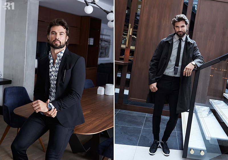 Left: Walter Savage livens up a LE 31 blazer and stretch jeans with an indigo leaves print shirt. Right: Walter taps into LE 31's smart casual style with a trench and joggers.