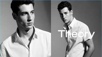 Model Nicolas Ripoll sports a classic white short-sleeve button-down shirt for Theory's spring-summer 2017 campaign.
