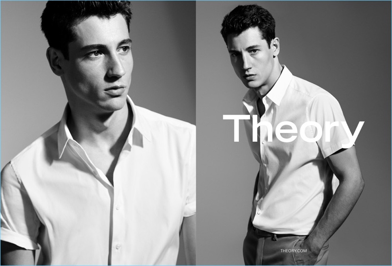 Model Nicolas Ripoll sports a classic white short-sleeve button-down shirt for Theory's spring-summer 2017 campaign.