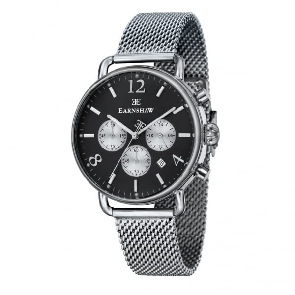 Thomas Earnshaw ES-8001-44 Investigator Silver Mesh & Silver Black Mens Chronograph Watch