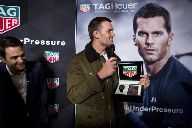 TAG Heuer CEO Killian Muller presents New England Patriots quarterback Tom Brady with a Caliber H02 Tourbillion on February 8, 2017 in Boston, Massachusetts.