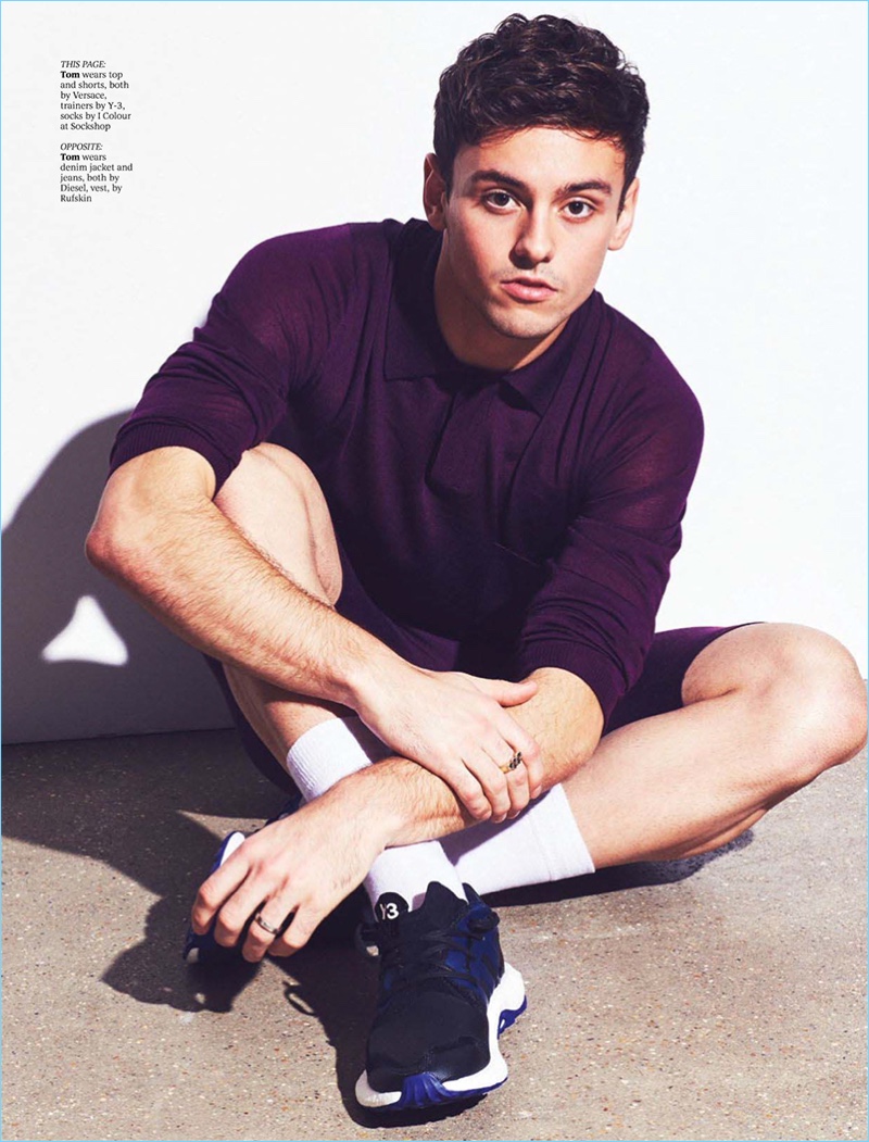 British diver Tom Daley wears a Versace top and shorts with Y-3 sneakers. » Tom Daley Covers Attitude, Talks Social Media British diver Tom Daley wears a Versace top and shorts with Y-3 sneakers.