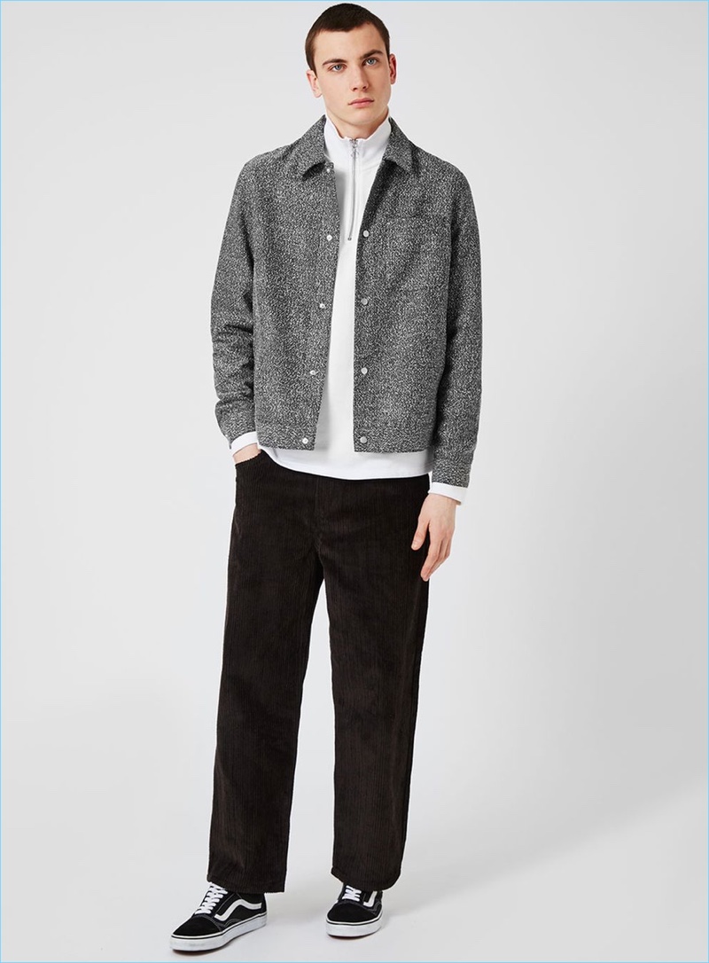 Topman goes sporty with its coach jacket, pairing it with a half-zip pullover and straight-cut pants. » Fashionisto Essential: Topman's Grey Textured Coach Jacket Topman goes sporty with its coach jacket, pairing it with a half-zip pullover and straight-cut pants.
