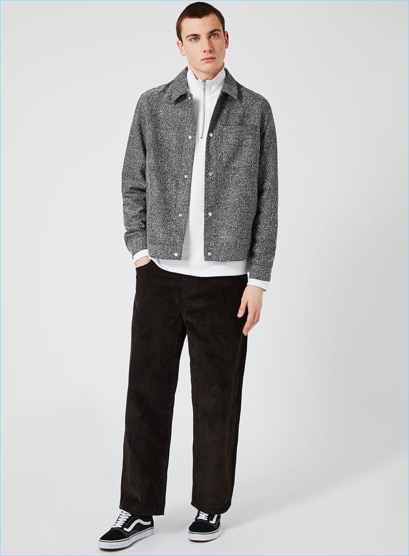 Topman goes sporty with its coach jacket, pairing it with a half-zip pullover and straight-cut pants.