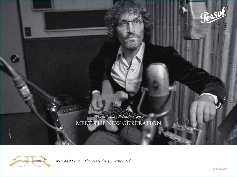 Sitting for a recording session, Vincent Gallo sports Persol's 649 Series glasses.