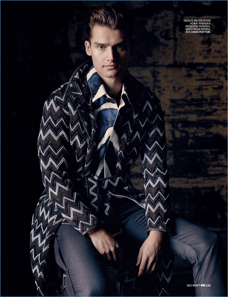 Sporting Louis Vuitton, Vladimir Ivanov appears in an editorial for GQ Russia.