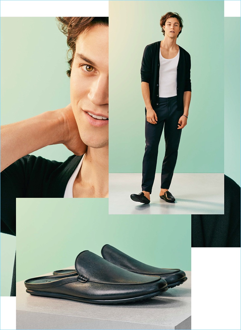 Wearing a simple pair of trousers with a slouchy top and cardigan, Miles McMillan sports ALDO's Watford loafers.